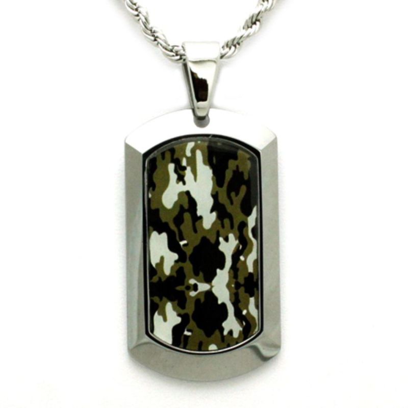 Tungsten Colorful Camo Dog Tag Pendant with 3 mm Rope Chain Necklace