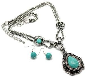 Vintage Summer Flower Turquoise Cabochon Necklace&amp; Turquoise Earring Jewelry Set (C00015)