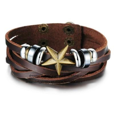 Adjustable Multi Layered Brown Leather Bracelet Wholesale Star Design Bracelet