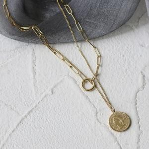 18K Gold Plated Stainless Steel Queen Coin Head Elizabeth Pendant Necklace Double Layers Necklace for Women