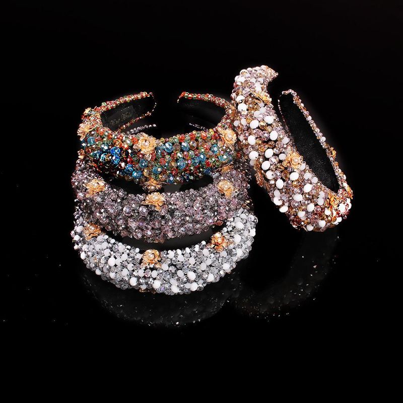 2022 Handmade Colorful Baroque Full Za Pearl Crystal Headband for Women Luxury Shiny Padded Diamond Hairband Hair Accessories