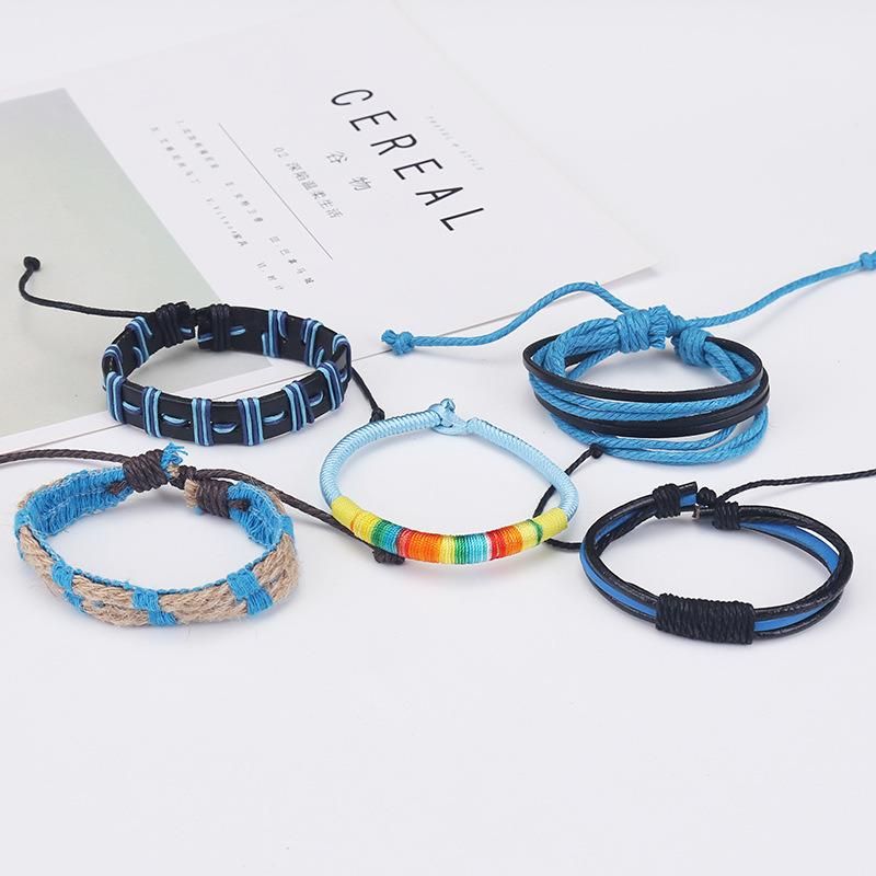Europe and America Simple Retro Set Bracelet DIY Woven Cowhide Bracelet Punk Bracelet Men′s Hemp Rope Leather Bracelet