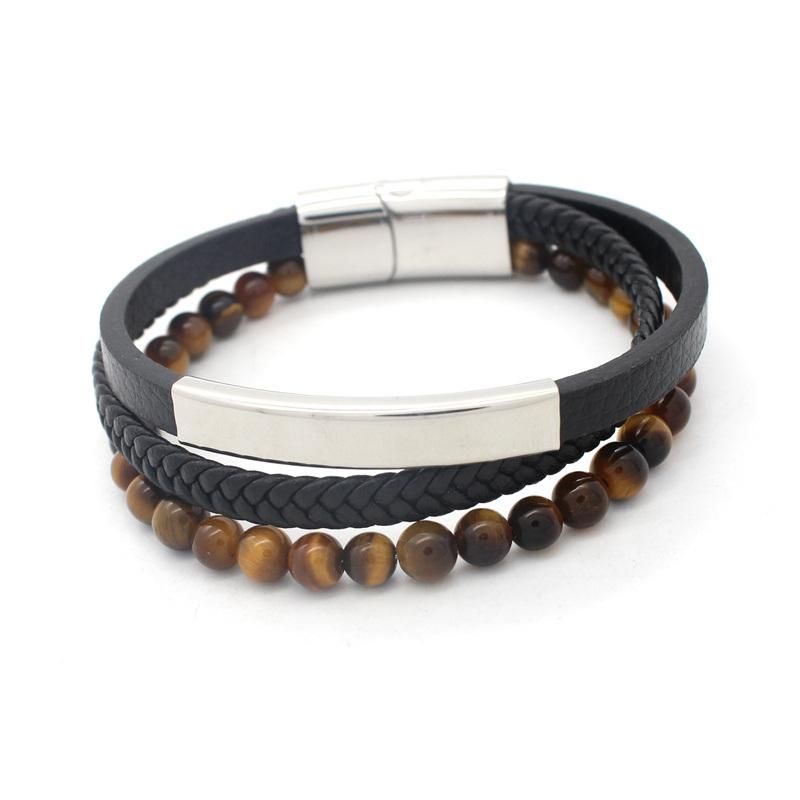 Tiger Eye Natural Stone Bead Braided Leather Bracelet Men Stainless Steel Jewelry