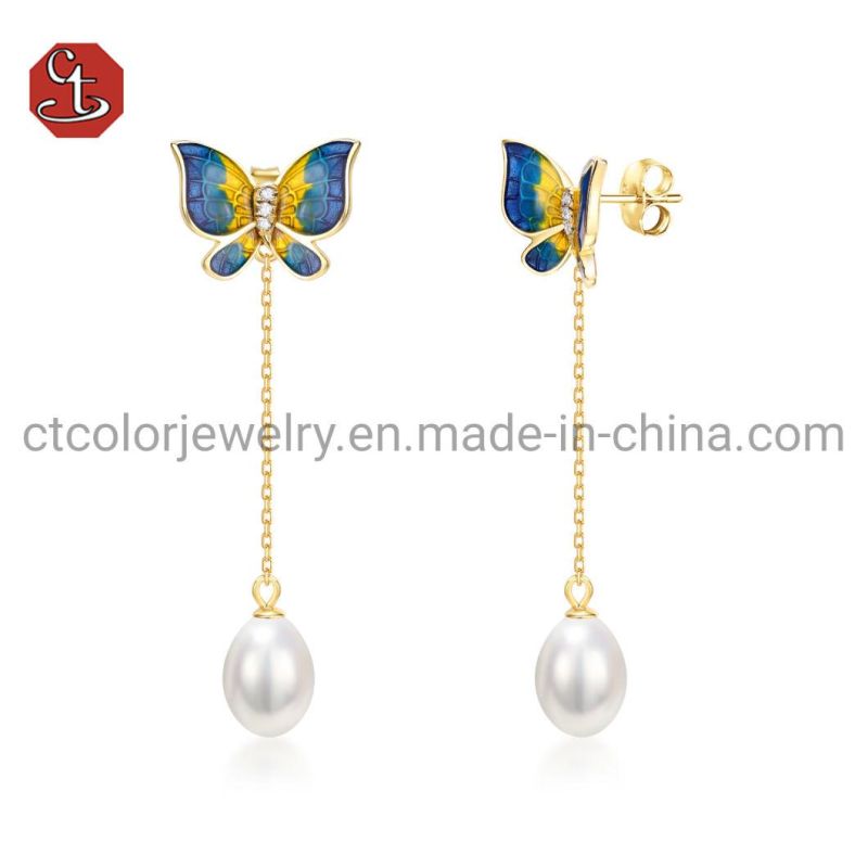 Fashion Jewelry Accessories 925 Sterling Silver 18 Gold Plated Enamel Butterfly and Pearl Earring