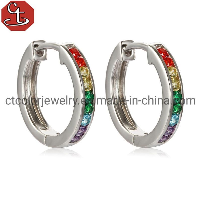 Wholesale Fashion 925 Silver Rose Plated Rainbow CZ Huggie Hoop Earrings