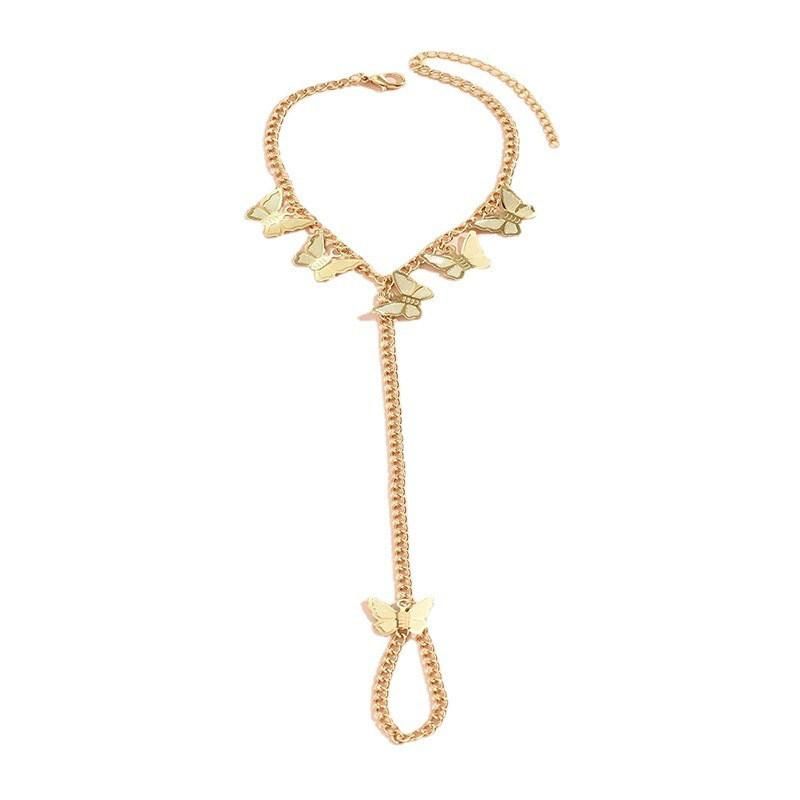 2022 Manufacture New Fashion Design 18K Gold Plated Trendy Butterfly Bracelet with Chain Figure Rings Personality Hand Women Bracelet