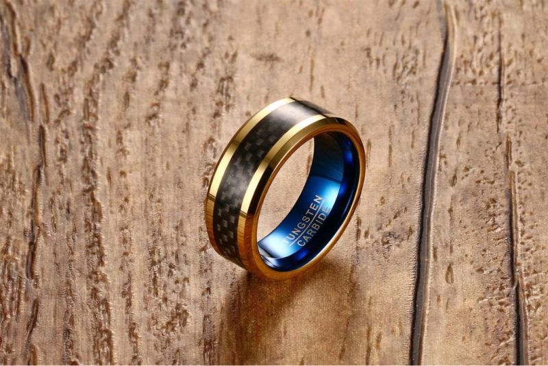 Jewelry Wholesale 8mm Tungsten Carbon Fiber Ring IP Gold Blue Fashion Ring Tst048