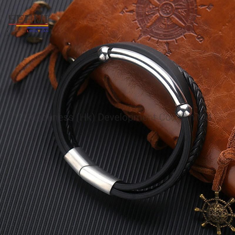 Fashion Stainless Steel Luxury Brand Gold Bangle Mens Leather Bracelet