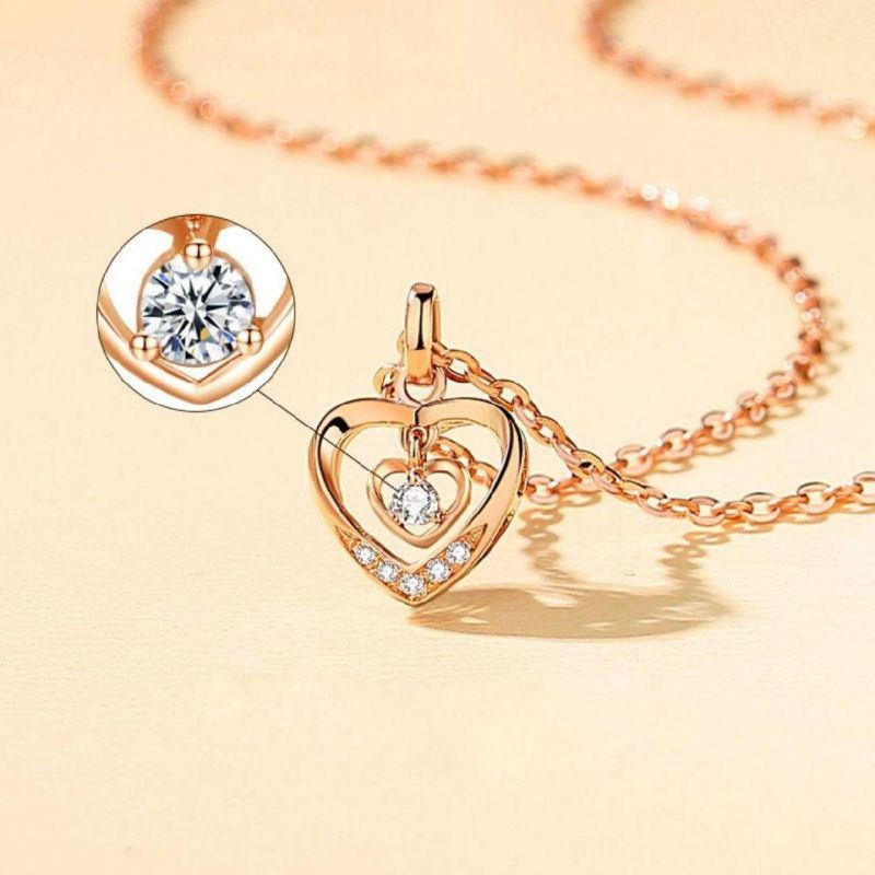Fashion Pure 18K Rose Gold Plated Diamond Double Hearts Pendant 925 Silver Necklace Women Jewelry Chain Custom