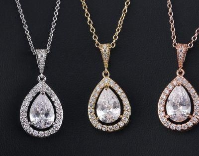 14K Rose Gold CZ Teardrop Bridal Necklace and Earring Jewelry Set, Wedding Necklace Jewelry Set, Bridesmaid Jewelry Set
