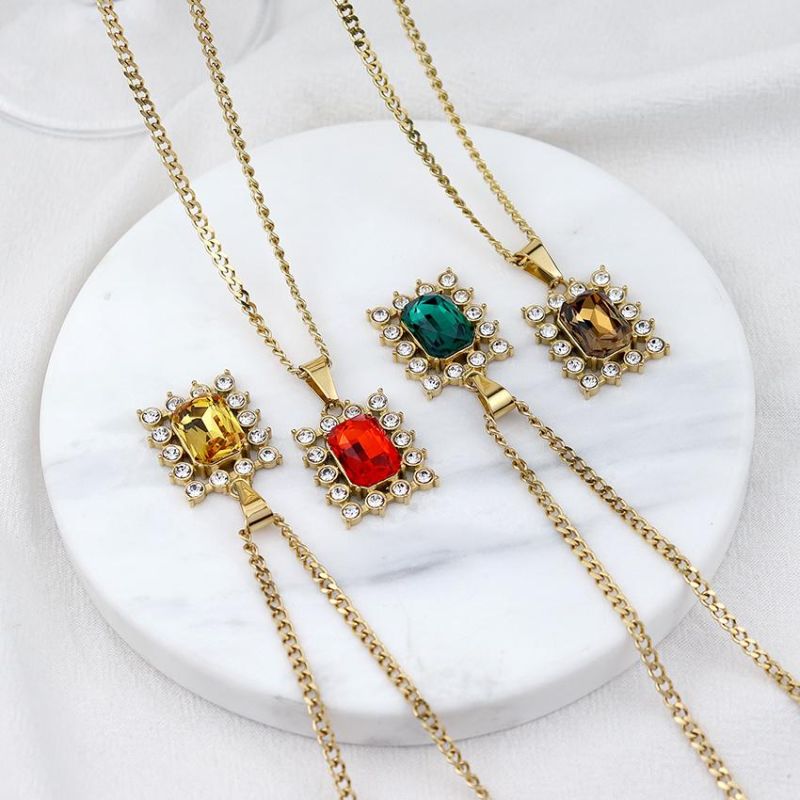 Custom High-End Luxury Hardware Stainless Steel Necklace Four Color Gem Necklace