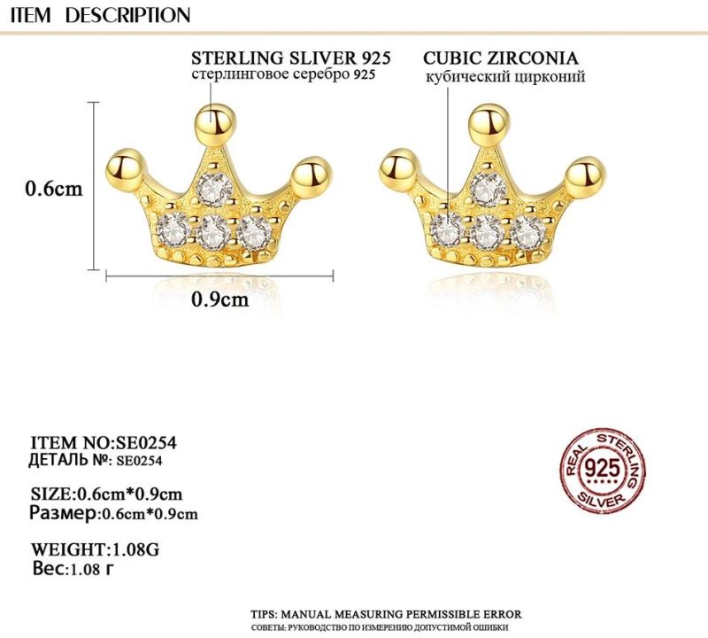 Sterling Silver Jewelry Ear Studs with Small Princesses Crown