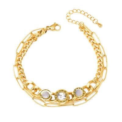 Factory Wholesale Fashion Jewelry Ins New Fashion Versatile European and American Stainless Steel Gold-Plated Double-Layer Bracelet