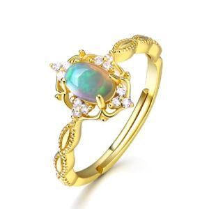 925 Sterling Silver Natural Opal Stone Ring Plating with Real Gold Zircon Opal Diamond Ring Wedding Gemstone Ring Adjustable Ring