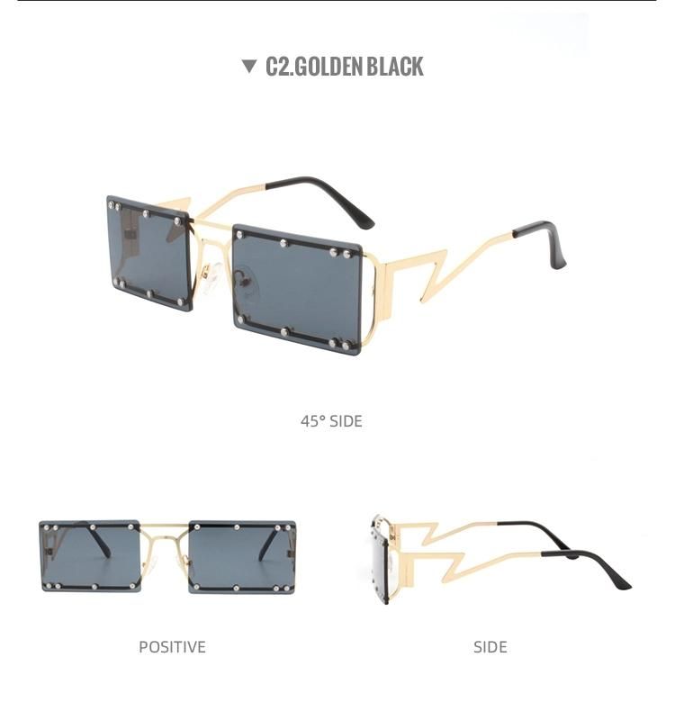 2022 Retro Trendy Unique Women Men Sun Glasses River Luxury Metal Frame Tinted Rectangle Rimless Rivet Sunglasses