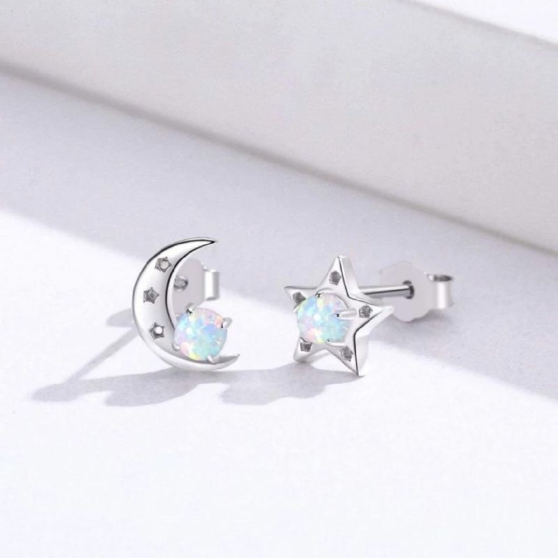 Classic Style 925 Sterling Silver Moon and Star Opal Stud Earrings