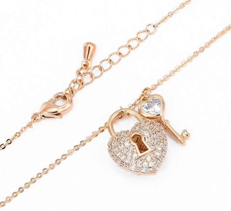 Jewelry Fashion Lucky Lock Heart Shape Lock Key Pendant Gift Rose Gold Diamond Necklace
