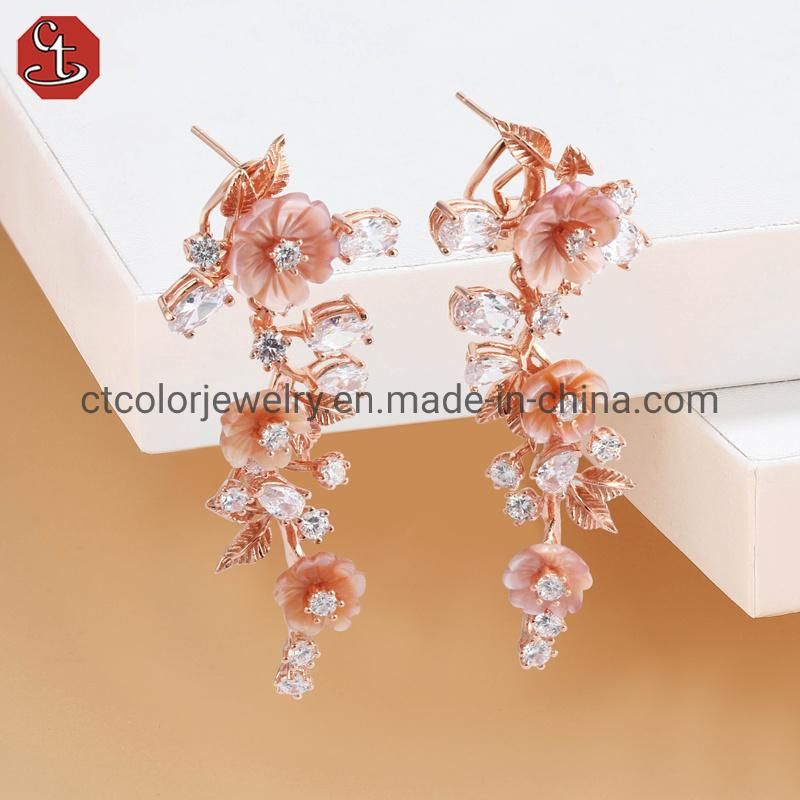 Popular Style Sterling Silver Jewelry Garnet Zirconium Pink Shell Flower Earrings