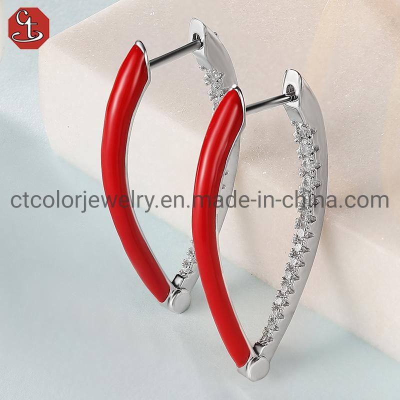 925 Sterling Silver Hoop CZ Earrings Enamel Color Dripping Oil Earring