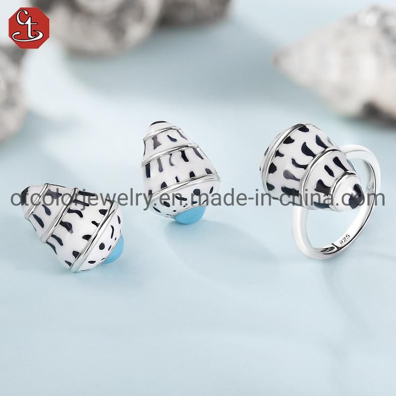 Fashion Custom Jewelry Black and White Shell Shape 925 Sterling Silver Ring with Enamel