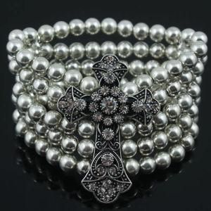 5 Strand Cross Handmade Silver Ccb Pearl Beaded Stretch Bracelet Bangle