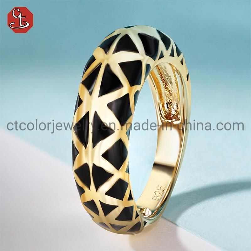 Fashion Black Enamel Silver Brass 18K Gold Plated Fine Jewelry Ring