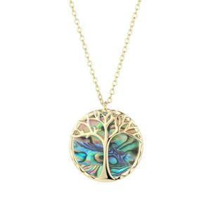 Fashion Natural Abalone Shell Necklace Tree of Life Circle Pendant Necklace 14K Gold Plated Necklace