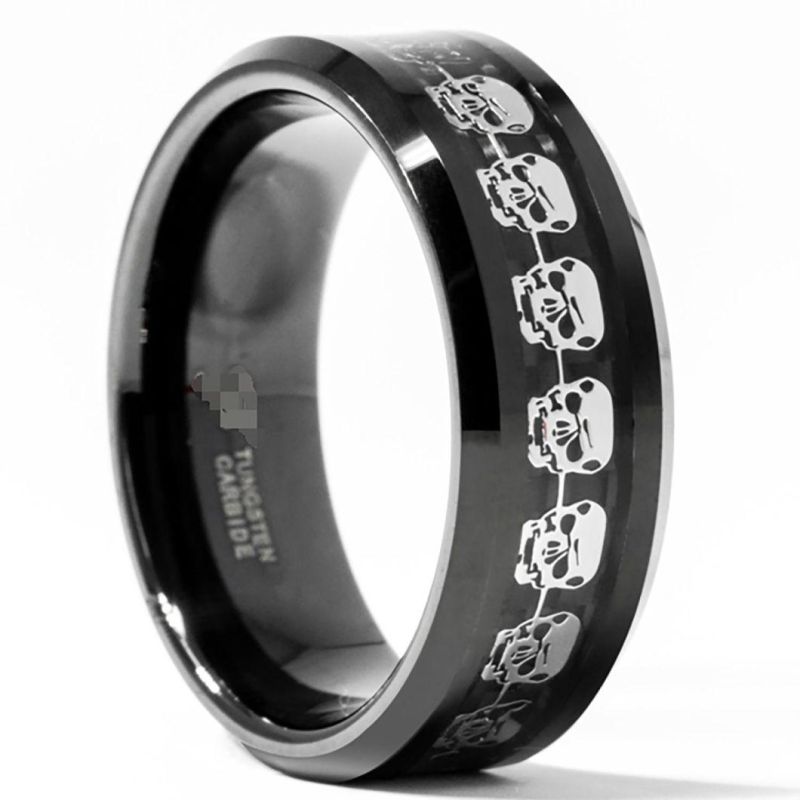 8 mm Black Tungsten Ring with Skull Pattern Inlay