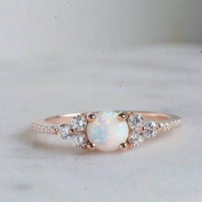 925 Sterling Silver 14K Gold Plated Synthetic Round White Fire Opal Three Stone Dainty Diamond Rings