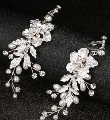 Wedding Bridal Pearl Crystal Ceramic Flower Earring Jewelry. Silver Crystal Earring