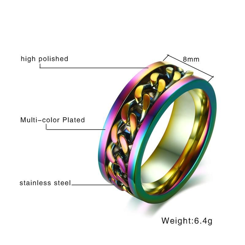 High Polish Multi-Color Stainless Steel Wedding Finger Chain Ring in Steel