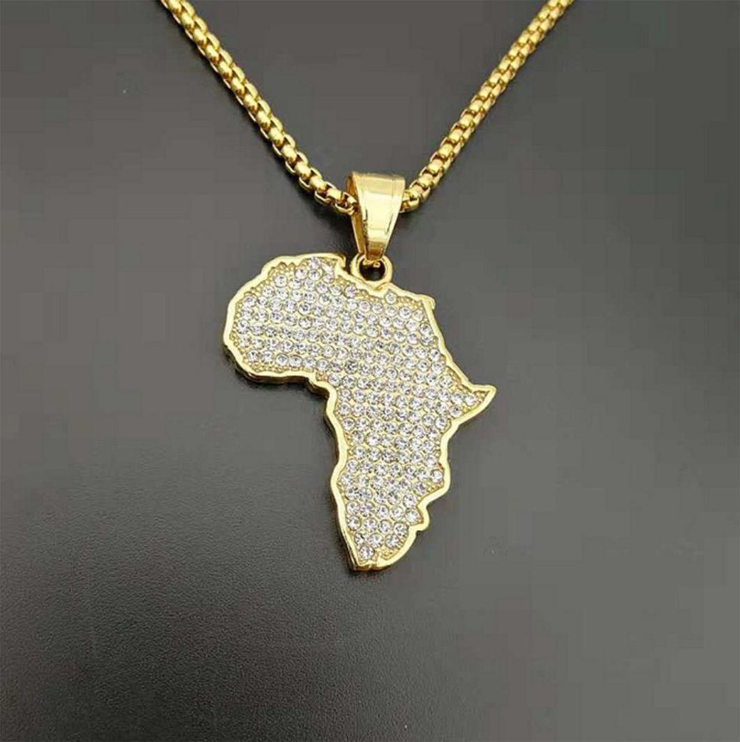 Hot-Sale Hip-Hop Hiphop Jewelry Titanium Steel Gold-Plated Diamond Diamond Map Pendant for Africa Spt2621