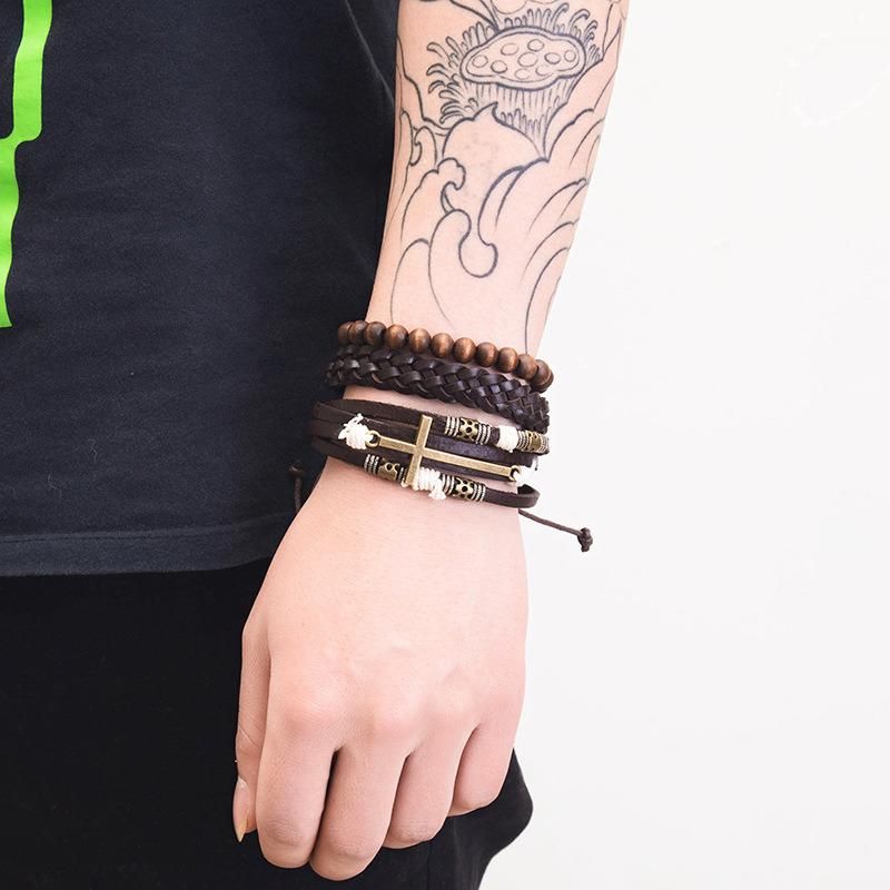 3 Piece Leather Cuff Bracelet for Men and Women Punk Rock Braided Bracelet Via Brown Black Wristband Handmade Jewelry