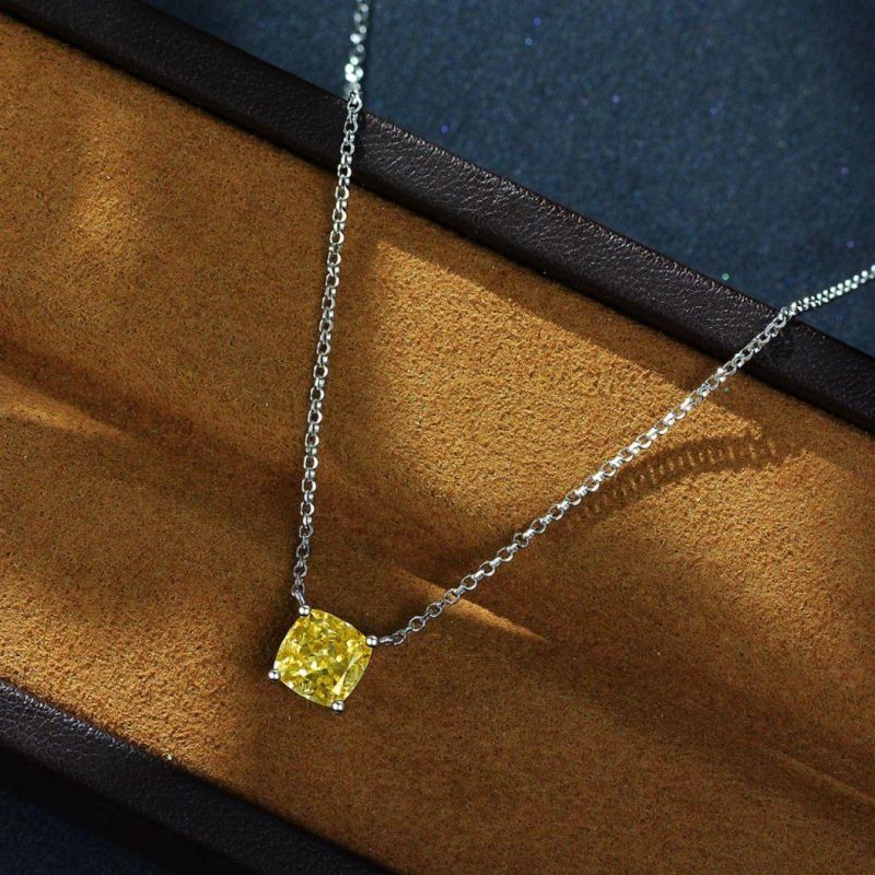 Wholesale Jewelry 925 Sterling Silver 7mm*7mm High Carbon Diamond Cushion Cut Fancy Citrine Diamond Pendant Necklace