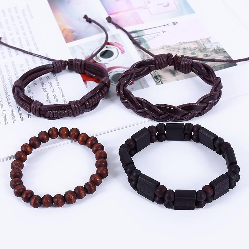 Leather Cuff Bracelet for Men and Women Punk Rock Braided Bracelet Via Brown Black Wristband Handmade Jewelry 4 Piece