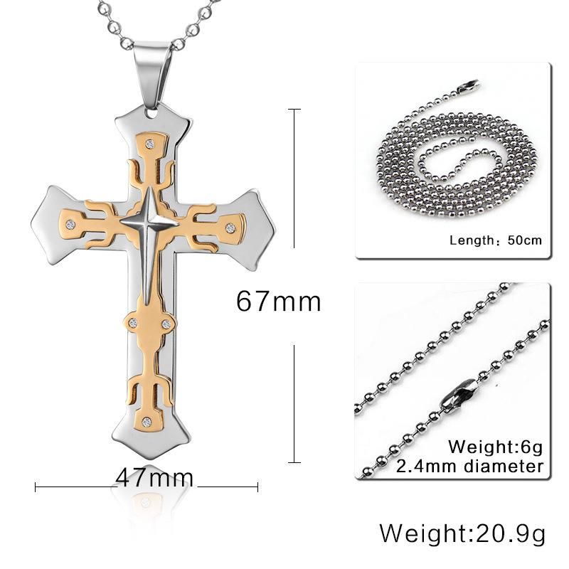 Fashion Stainless Steel Silver Gold Star Cross Pendant Biker Men′s Chain Necklace