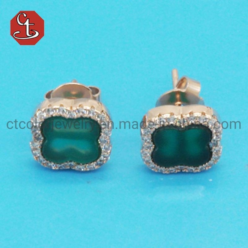 Created Green Onyx Clover Necklace Pave AAA+ CZ Clover Silver or Brass Necklaces