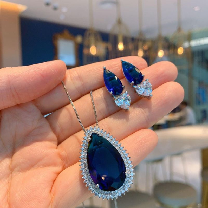 Fashion Jewelry Set Big Blue Stone Heart Zircon Necklace&Earrings Set