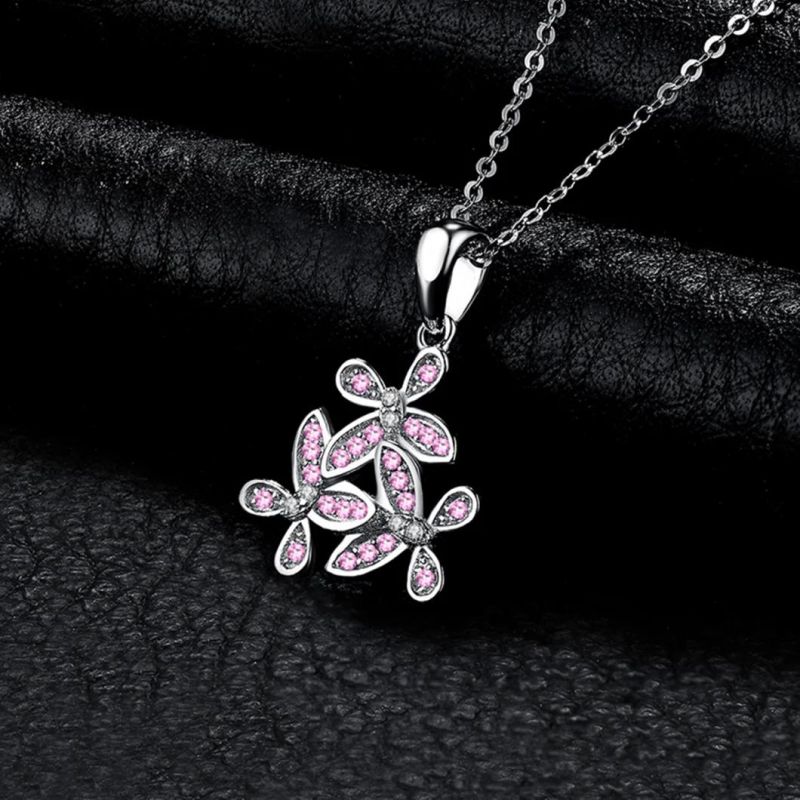 Fashion Jewelry 925 Sterling Silver Pink Flower Pendant Necklace for Women Wholesale