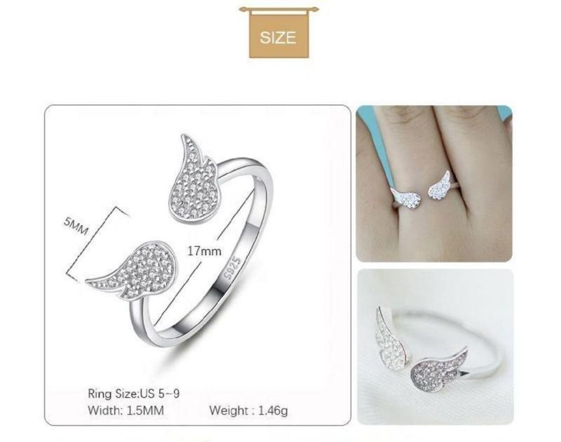 925 Sterling Silver Ring Zircon Angel Wings Adjustable Ring Women Engagement Wedding Fashion Jewelry