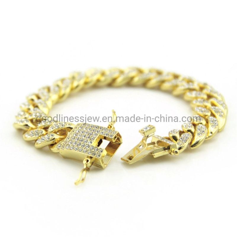 HIPS Hops Solid 18K Gold Full CZ Stone Paved Bling Iced out Curb Miami Cuban Chain Bracelet Jewelry