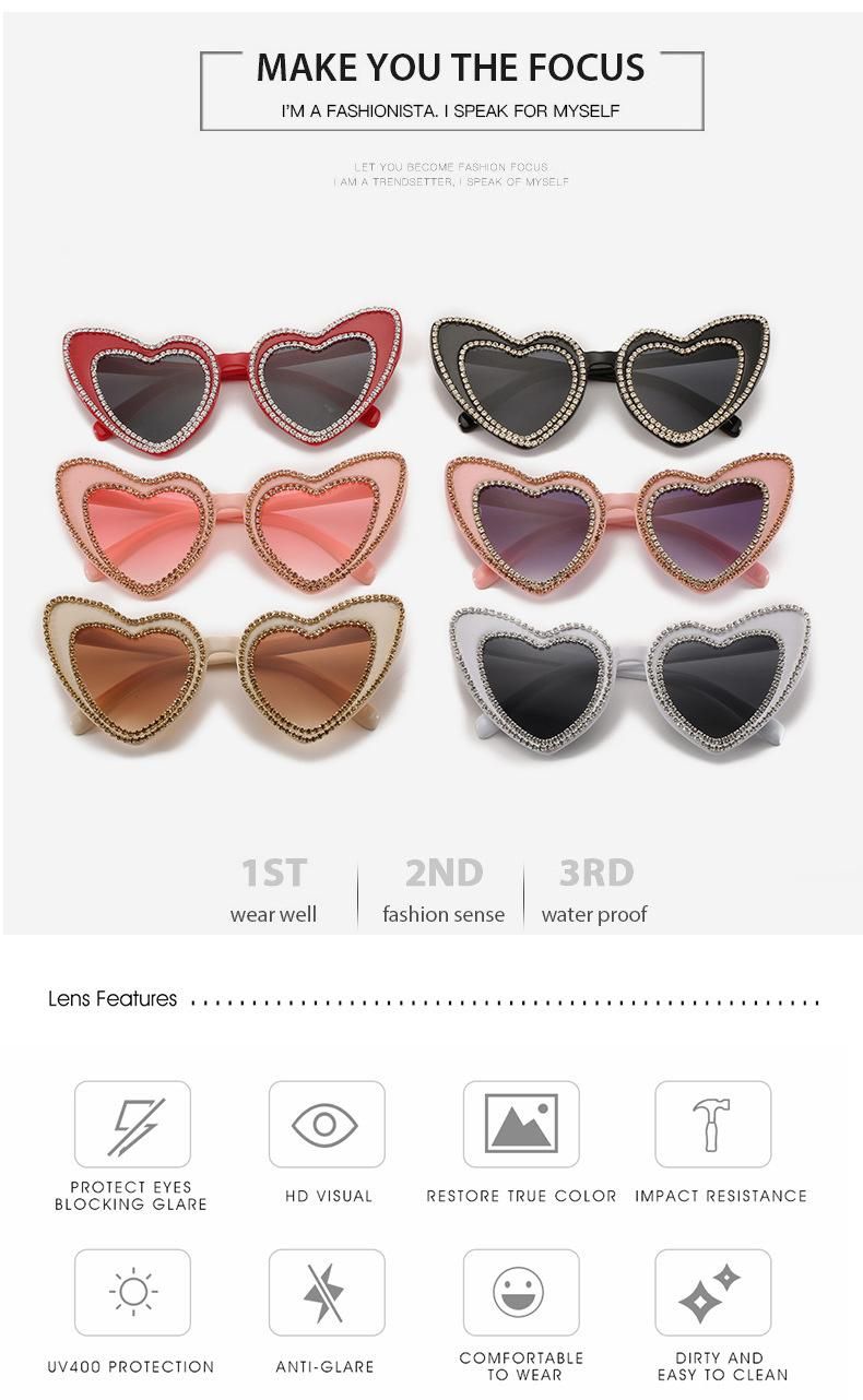 Women Sunglasses Arrival Wholesale Cheap Bling Rhinestone Heart 2022 New Fashion Sunglasses UV400 Protection CE Custom Logo Black Gray