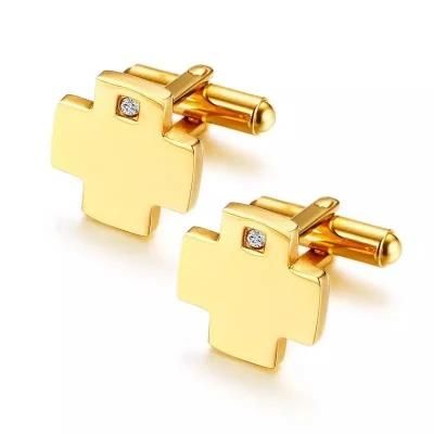 Shiny Polishing IP 18K Gold Plating Zircon Cross Cufflink