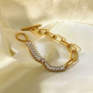 Fashion Ot Buckle Design Stainless Steel Chain Women Square Zircon Bracelet
