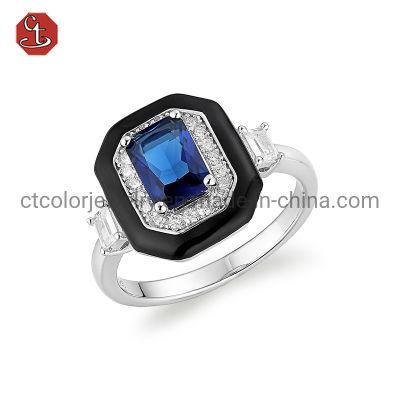 Big Luxury Jewelry trendy 925 silver Enamel shaped squar Ring