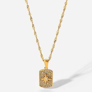 Custom New 2022 Fashion Jewelry Encrusted with Zircon Eight Star Square Stainless Steel Necklace