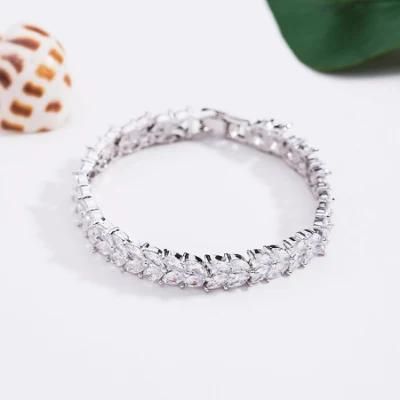 CZ Tennis Bracelet Simulated Diamond Marquise Cut Leaf White Gold and Rose Gold Extension Bridal