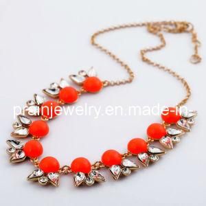 Spring Fashion Necklace Red Resin White Rhinestone Yellow Gold Plated