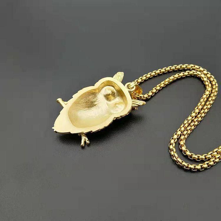 Stainless Steel Gold Plated Drill Owl Pendant Necklace Jewelry