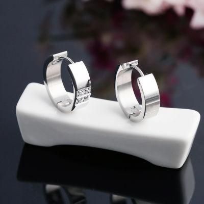 Men Fashion Stainless Steel Jewelry CZ Stone Hoop Earrings